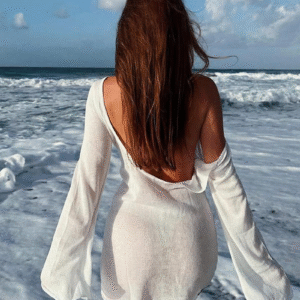 Women'S Solid Color Backless Crochet Cover up Dress, Regular Fit Casual Comfy Long Sleeve Boat Neck Cover up Dress for Beach Holiday Vacation,