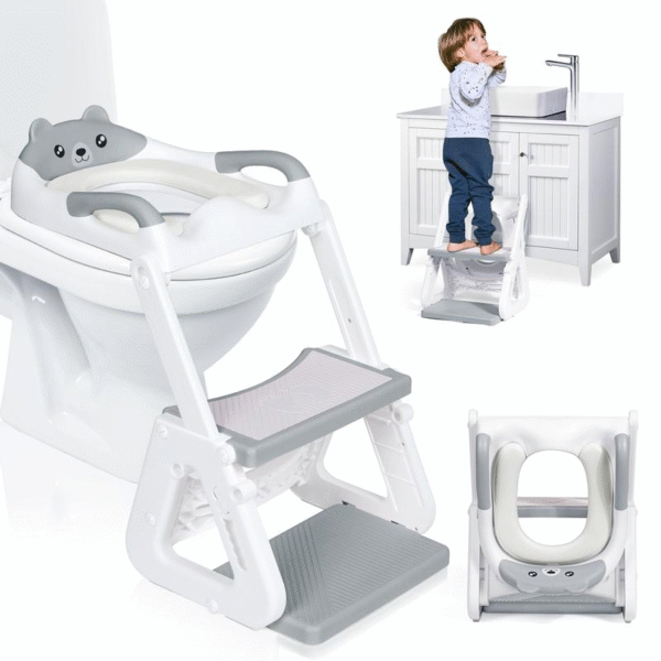 Orzbow 2-IN-1 Potty Training Toilet Seat with Step Stool for Toddler, Stability Training Potty Seat for Kids Boys Girls with Splash Guard and Anti-Slip Pad, Adjustable Ladder & Potty Seat Height, Grey - Image 5