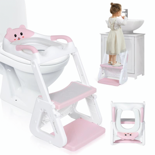Orzbow 2-IN-1 Potty Training Toilet Seat with Step Stool for Toddler, Stability Training Potty Seat for Kids Boys Girls with Splash Guard and Anti-Slip Pad, Adjustable Ladder & Potty Seat Height, Grey - Image 2