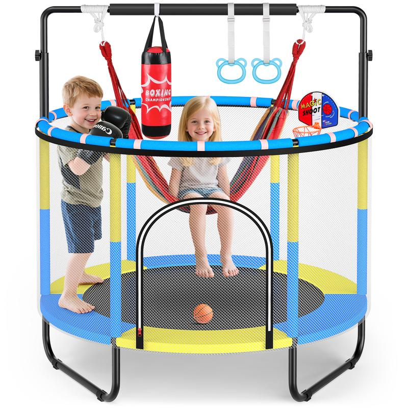 59″ Trampoline for Kids with Gymnastics Bar & Swing & Basketball Hoop, Trampolín Para Niños Indoor Toddler Trampoline with Enclosure, 400Lbs Capacity, Birthday Gifts for Boys & Girls