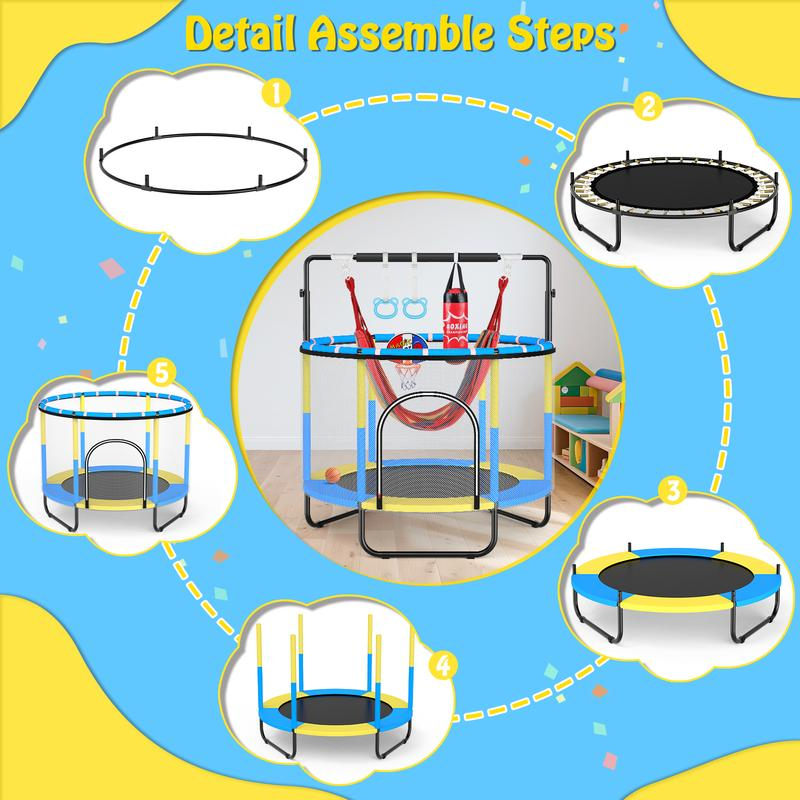 59″ Trampoline for Kids with Gymnastics Bar & Swing & Basketball Hoop, Trampolín Para Niños Indoor Toddler Trampoline with Enclosure, 400Lbs Capacity, Birthday Gifts for Boys & Girls