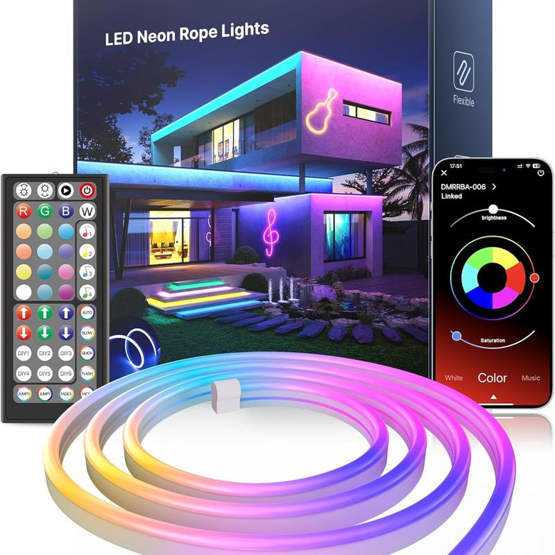 Nexillumi Neon LED Rope Lights 16.4FT IP67 Waterproof Flexible RGB Strip with App & Remote Control for Indoor Outdoor Home Decor