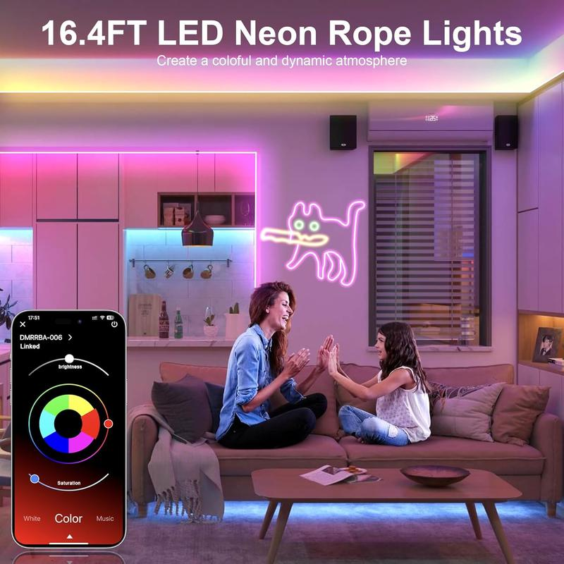 Nexillumi Neon LED Rope Lights 16.4FT IP67 Waterproof Flexible RGB Strip with App & Remote Control for Indoor Outdoor Home Decor