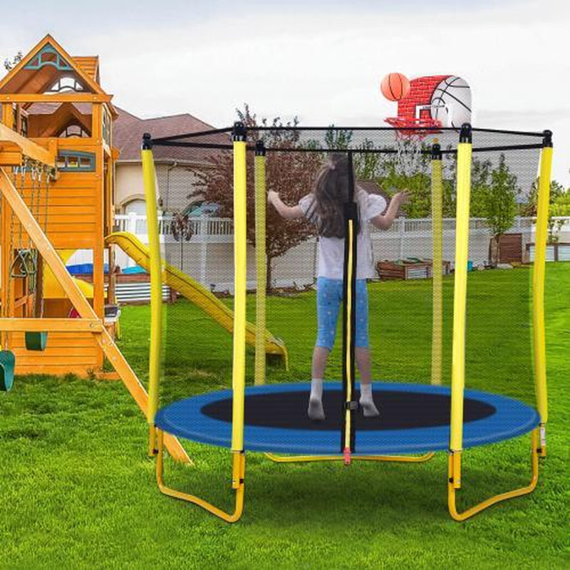 59″ Trampoline for Kids with Gymnastics Bar & Swing & Basketball Hoop, Trampolín Para Niños Indoor Toddler Trampoline with Enclosure, 400Lbs Capacity, Birthday Gifts for Boys & Girls