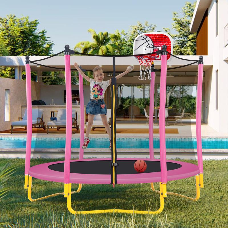59″ Trampoline for Kids with Gymnastics Bar & Swing & Basketball Hoop, Trampolín Para Niños Indoor Toddler Trampoline with Enclosure, 400Lbs Capacity, Birthday Gifts for Boys & Girls
