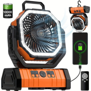 Portable 10000Mah Camping Fan with LED Lights, Rechargeable High Brightness Tent Light Fans with Remote Control & Timing Function, Electric Fan with Night Light, 4 Wind Speeds Cooling Station for Outdoor Hiking Fishing, Battery