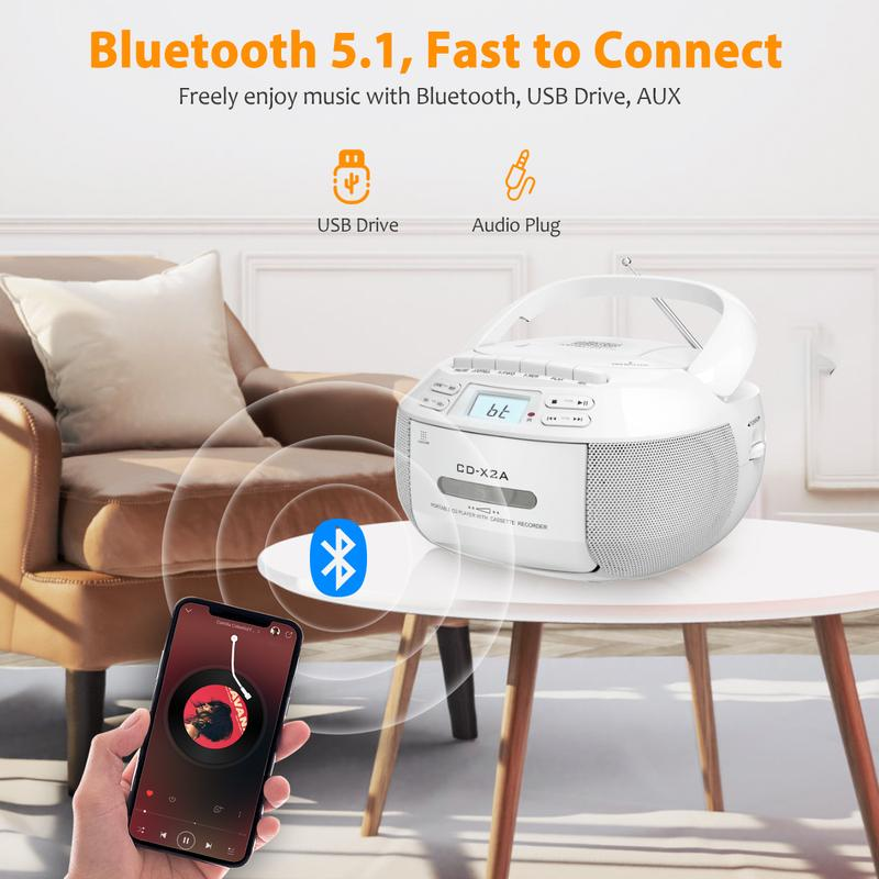 Greadio Portable Cd&Cassette Player Boombox with Bt,Am/Fm Radio,Hifi Stereo Subwoofer, Remote,Aux/Usb, AC/DC Powered,Tape Recording, LCD Display