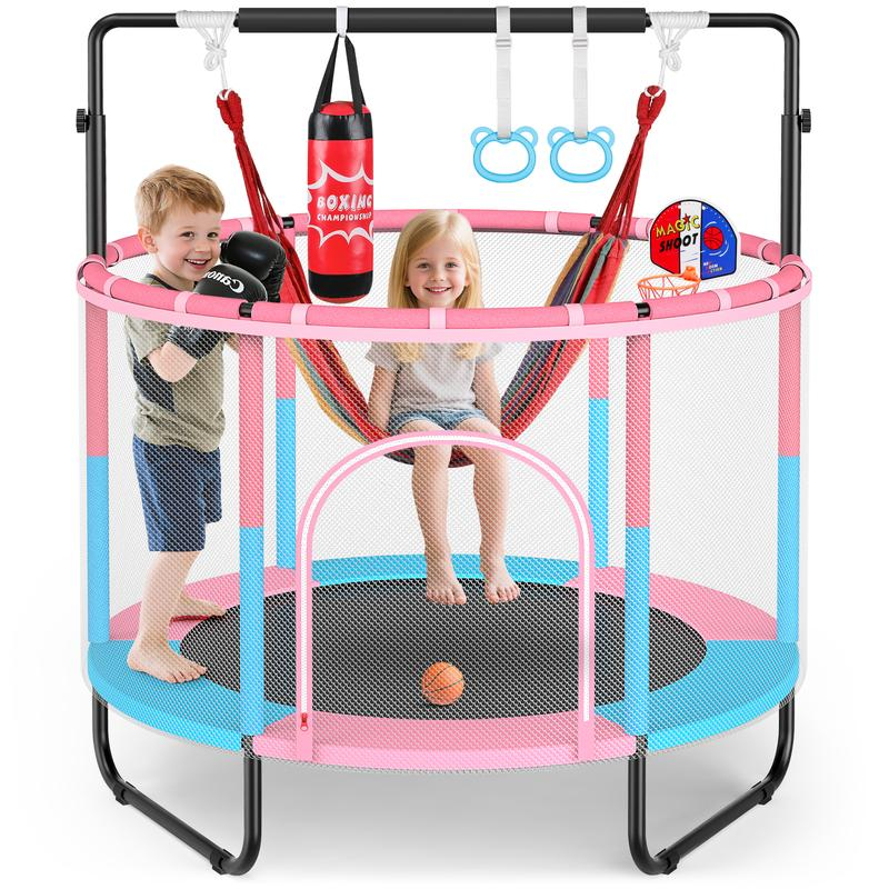 59″ Trampoline for Kids with Gymnastics Bar & Swing & Basketball Hoop, Trampolín Para Niños Indoor Toddler Trampoline with Enclosure, 400Lbs Capacity, Birthday Gifts for Boys & Girls