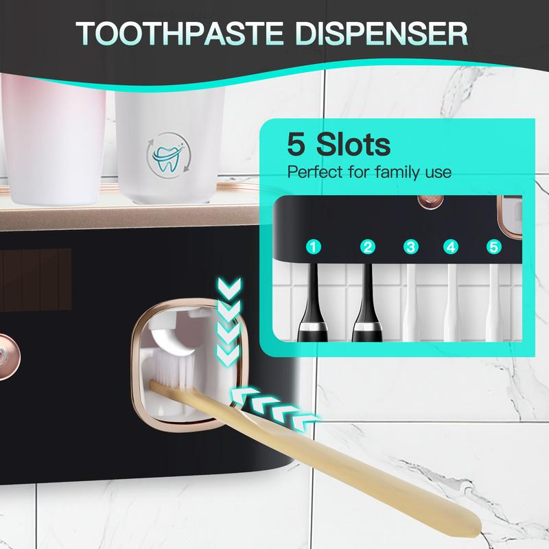 PHANCIR NEW Toothbrush Holder for Bathrooms,5-Slot Wall Mount Toothbrush Sanitizer & Timing Function Wall Mounted with Toothpaste Dispenser for Electric / Regular Toothbrush