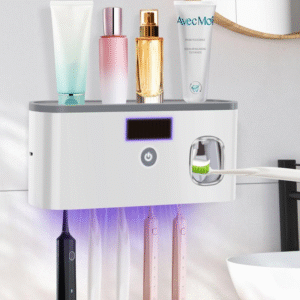 PHANCIR NEW Toothbrush Holder for Bathrooms,5-Slot Wall Mount Toothbrush Sanitizer & Timing Function Wall Mounted with Toothpaste Dispenser for Electric / Regular Toothbrush