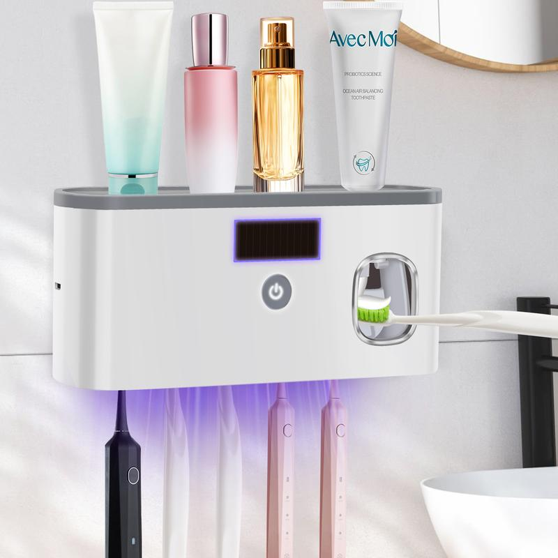 PHANCIR NEW Toothbrush Holder for Bathrooms,5-Slot Wall Mount Toothbrush Sanitizer & Timing Function Wall Mounted with Toothpaste Dispenser for Electric / Regular Toothbrush