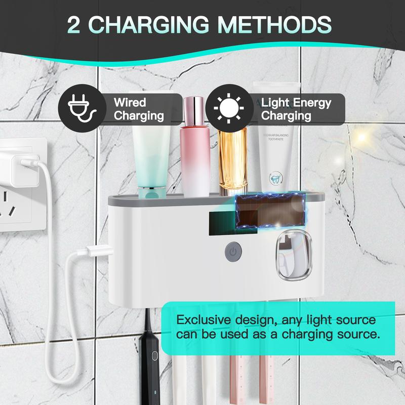 PHANCIR NEW Toothbrush Holder for Bathrooms,5-Slot Wall Mount Toothbrush Sanitizer & Timing Function Wall Mounted with Toothpaste Dispenser for Electric / Regular Toothbrush