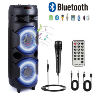 Portable BT Stereo Speaker Dual 6.5" Woofer Wireless Party Speaker with Microphone Remote Control AUX FM Radio LED Light Karaoke Machine Bluetooth