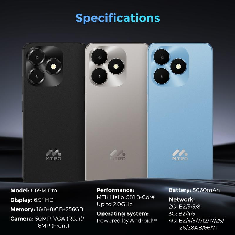MIRO C69M Pro 6.9″ Large Screen Android 15 120Hz Display 16(8+8)GB RAM 256GB Storage 50MP Camera 5160Mah Battery Smartphone