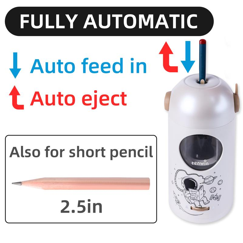 TENWIN Fully Automatic Electric Pencil Sharpener with 2000Mah Battery & USB Charge for 7-11.5Mm Pencils Hands-Free Auto In&Out Adjustable Nibs