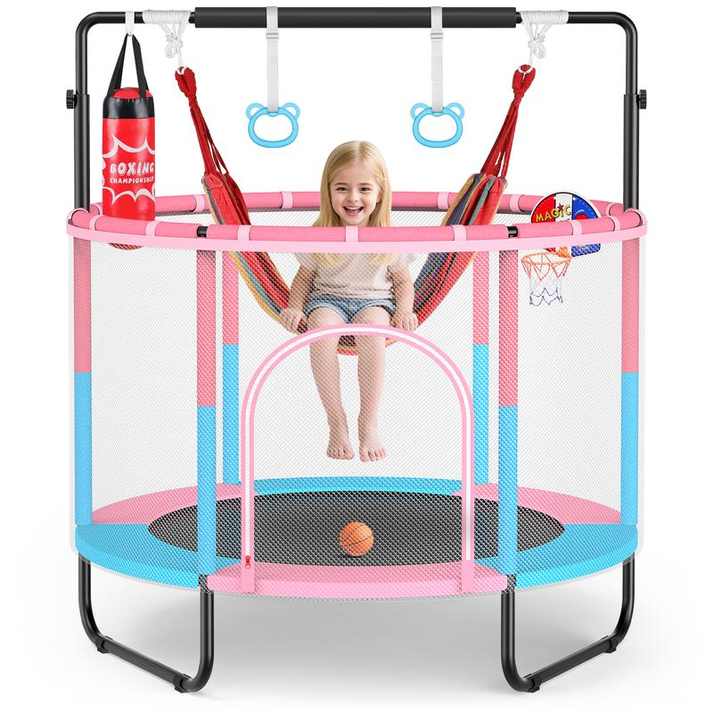 59″ Trampoline for Kids with Gymnastics Bar & Swing & Basketball Hoop, Trampolín Para Niños Indoor Toddler Trampoline with Enclosure, 400Lbs Capacity, Birthday Gifts for Boys & Girls
