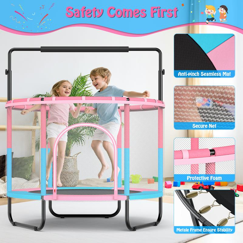 59″ Trampoline for Kids with Gymnastics Bar & Swing & Basketball Hoop, Trampolín Para Niños Indoor Toddler Trampoline with Enclosure, 400Lbs Capacity, Birthday Gifts for Boys & Girls