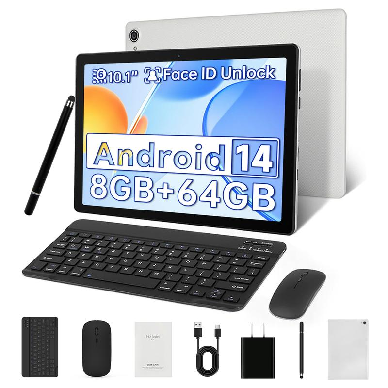 10.1-Inch Android 14 Tablet, Powerful Octa-Core Tablet with Brilliant Display, 8+64GB, 2 in 1 Tablet with Keyboard and Mouse, Entertainment and Office