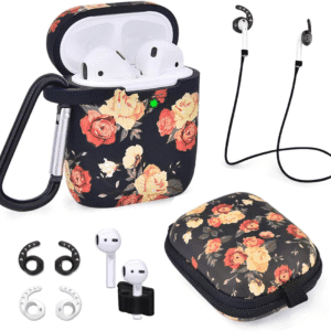 Compatible with Case Airpods 2&1 with Keychain (Black Rose)