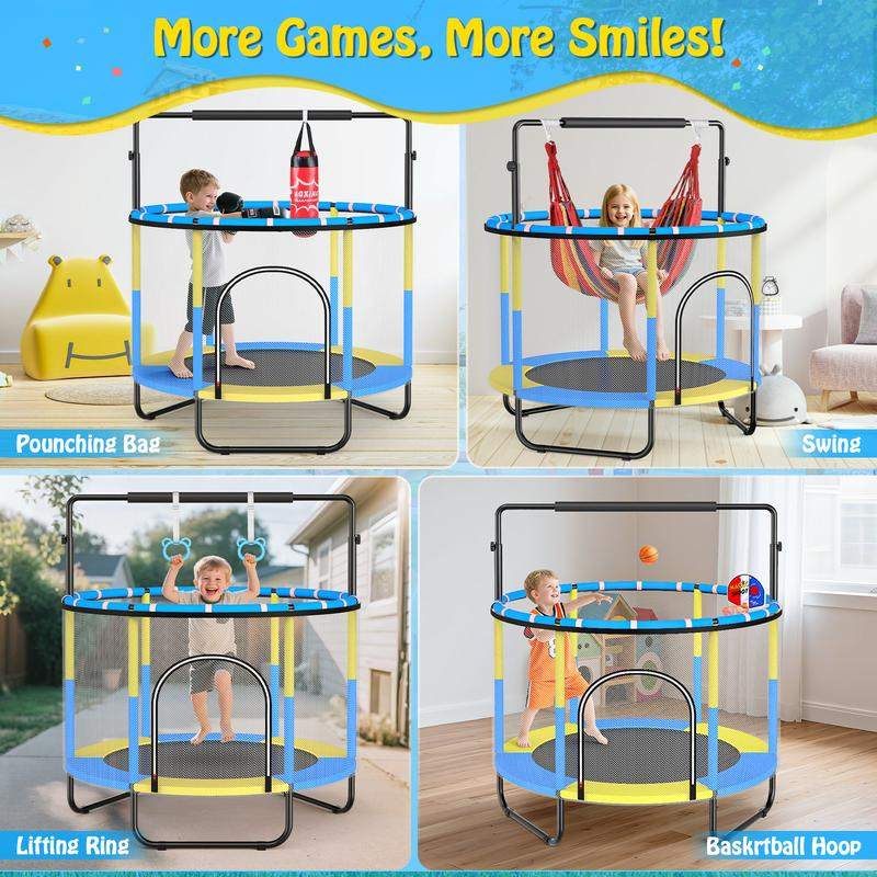 59″ Trampoline for Kids with Gymnastics Bar & Swing & Basketball Hoop, Trampolín Para Niños Indoor Toddler Trampoline with Enclosure, 400Lbs Capacity, Birthday Gifts for Boys & Girls