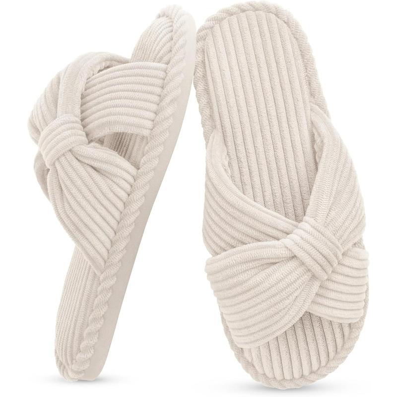 Summer House Slippers for Woman Memory Foam Open Toe Slippers Corduroy Cross Bow Womens Slipper Slides Comfy Indoor Bedroom Slip on Shoes