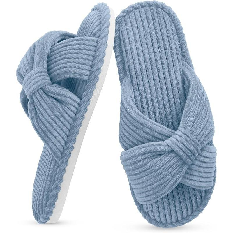 Summer House Slippers for Woman Memory Foam Open Toe Slippers Corduroy Cross Bow Womens Slipper Slides Comfy Indoor Bedroom Slip on Shoes