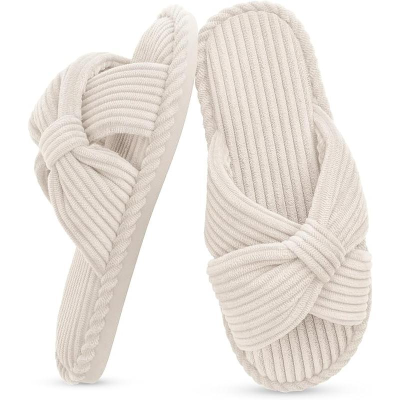 Summer House Slippers for Woman Memory Foam Open Toe Slippers Corduroy Cross Bow Womens Slipper Slides Comfy Indoor Bedroom Slip on Shoes