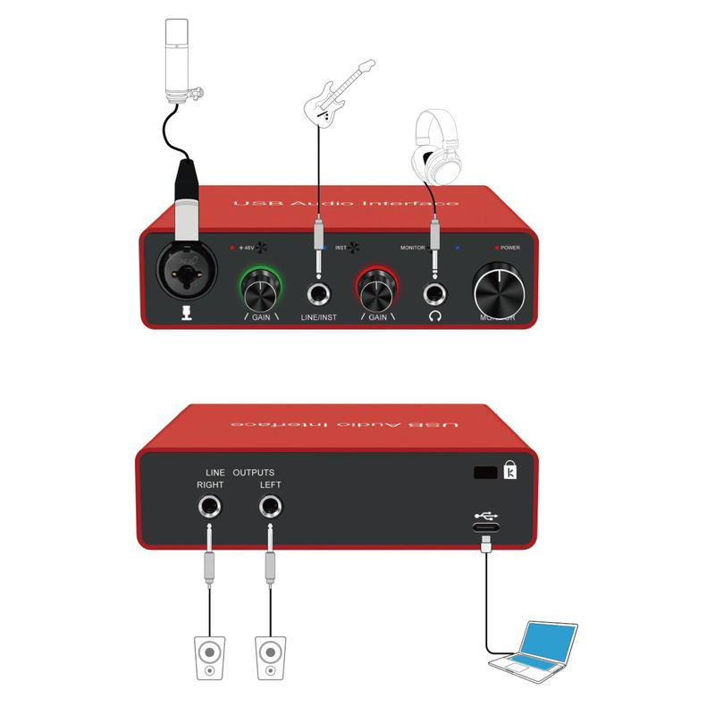 USB Audio Interface, 48V Phantom-Power 24Bit/192Khz Audio Interface, Noiseless XLR Audio Interface for Recording, Podcasting and Streaming