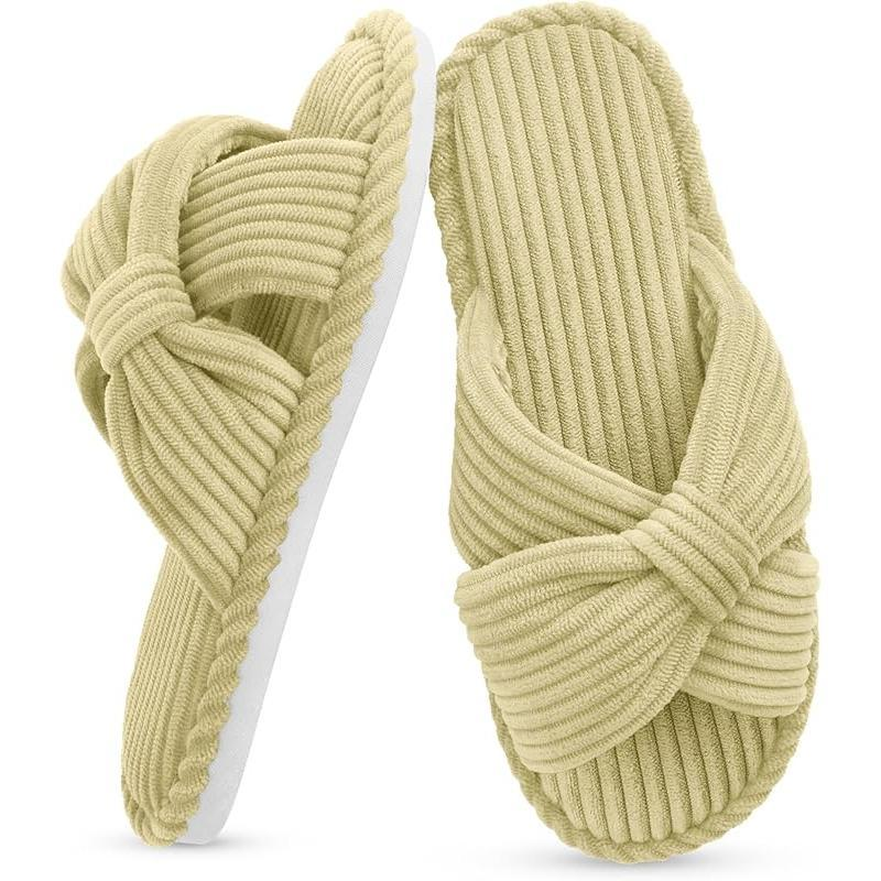 Summer House Slippers for Woman Memory Foam Open Toe Slippers Corduroy Cross Bow Womens Slipper Slides Comfy Indoor Bedroom Slip on Shoes