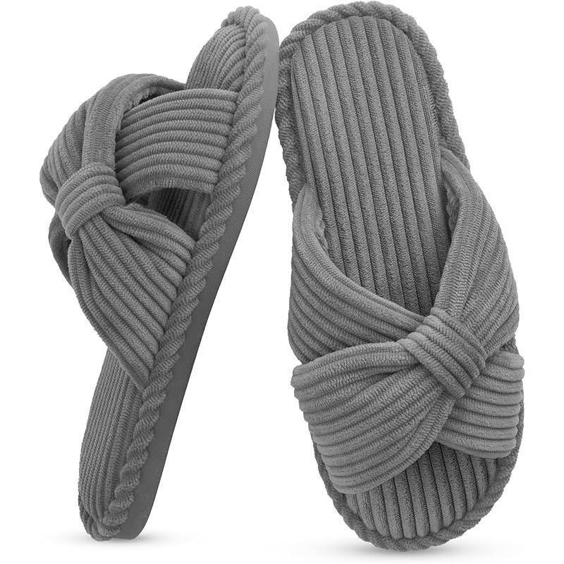 Summer House Slippers for Woman Memory Foam Open Toe Slippers Corduroy Cross Bow Womens Slipper Slides Comfy Indoor Bedroom Slip on Shoes
