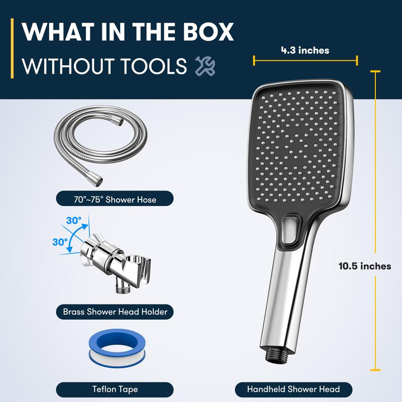 ROLAKUL Handheld Showerhead-High Pressure Shower Head – Anti-Clog Nozzles, Built-In Power Wash to Clean Tub, Tile & Pets, Extra Long 6 Ft. Stainless Steel Hose, Wall & Overhead Brackets- 3 Spray Modes, Adjustable Angle Shower Head with Hose
