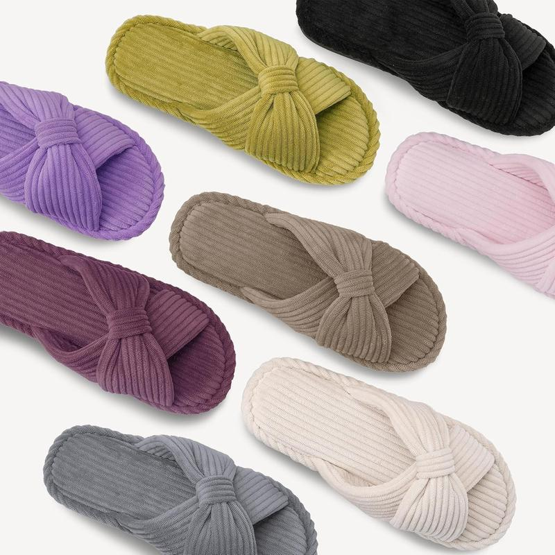 Summer House Slippers for Woman Memory Foam Open Toe Slippers Corduroy Cross Bow Womens Slipper Slides Comfy Indoor Bedroom Slip on Shoes