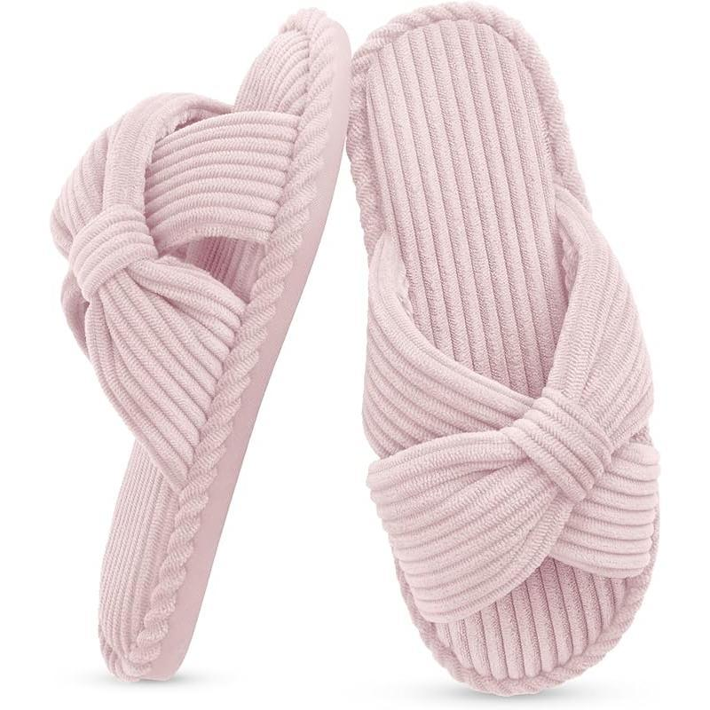Summer House Slippers for Woman Memory Foam Open Toe Slippers Corduroy Cross Bow Womens Slipper Slides Comfy Indoor Bedroom Slip on Shoes