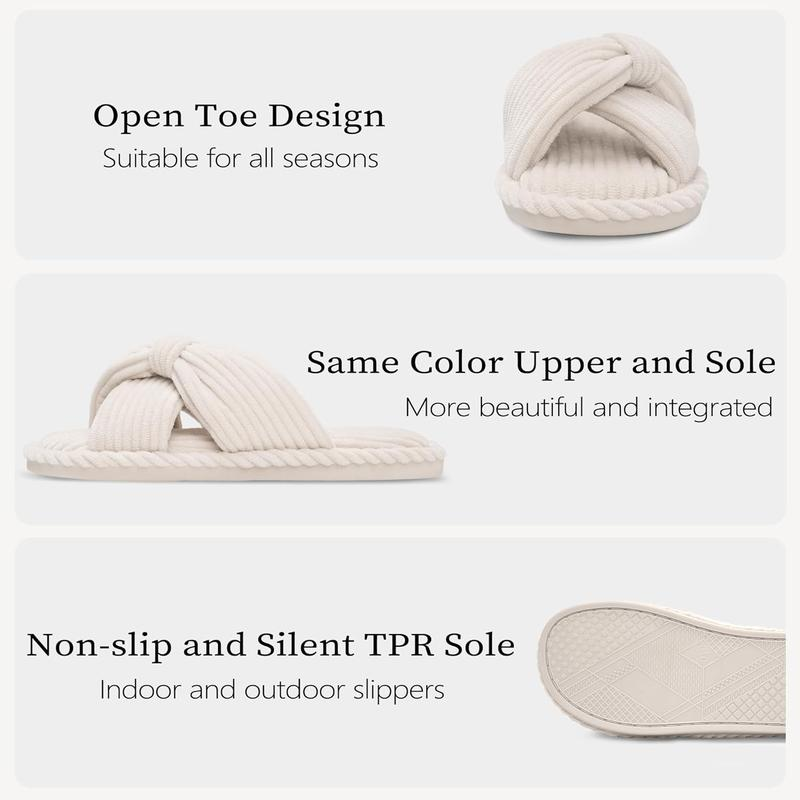 Summer House Slippers for Woman Memory Foam Open Toe Slippers Corduroy Cross Bow Womens Slipper Slides Comfy Indoor Bedroom Slip on Shoes
