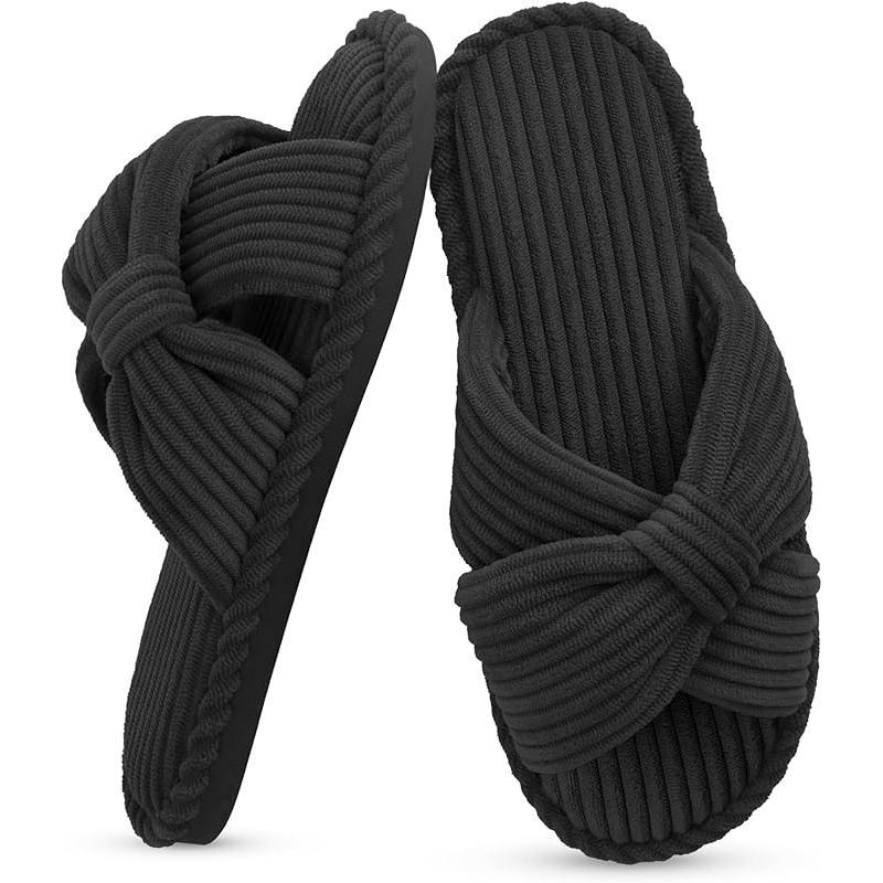 Summer House Slippers for Woman Memory Foam Open Toe Slippers Corduroy Cross Bow Womens Slipper Slides Comfy Indoor Bedroom Slip on Shoes