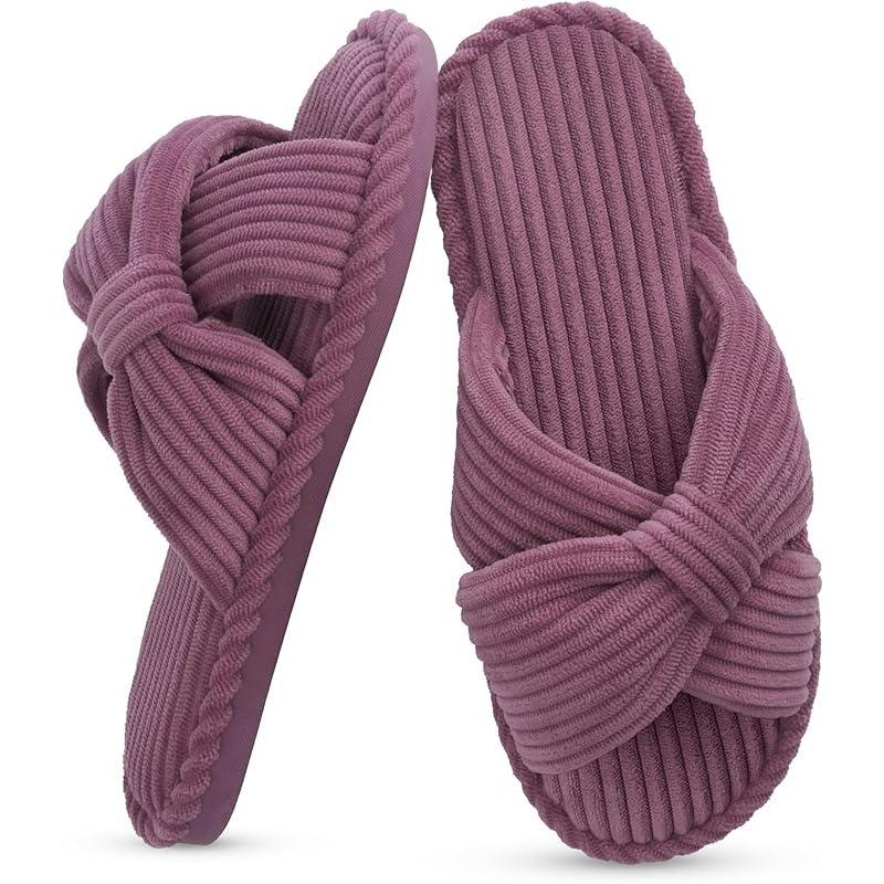 Summer House Slippers for Woman Memory Foam Open Toe Slippers Corduroy Cross Bow Womens Slipper Slides Comfy Indoor Bedroom Slip on Shoes
