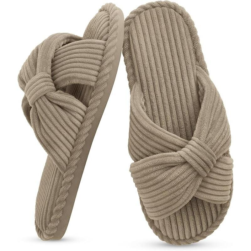 Summer House Slippers for Woman Memory Foam Open Toe Slippers Corduroy Cross Bow Womens Slipper Slides Comfy Indoor Bedroom Slip on Shoes