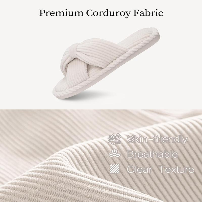 Summer House Slippers for Woman Memory Foam Open Toe Slippers Corduroy Cross Bow Womens Slipper Slides Comfy Indoor Bedroom Slip on Shoes