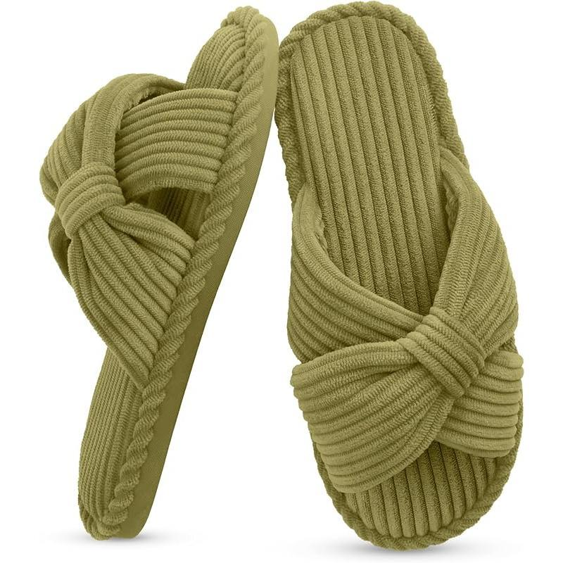 Summer House Slippers for Woman Memory Foam Open Toe Slippers Corduroy Cross Bow Womens Slipper Slides Comfy Indoor Bedroom Slip on Shoes